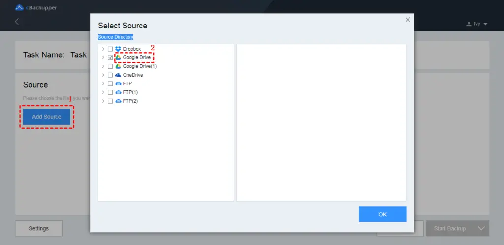 Click Add Source on the left side of the page to select a cloud disk 