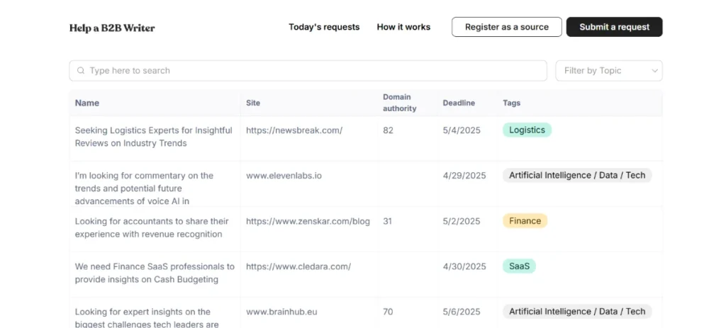 Help A B2B Writer Dashboard Screenshot - Best Free HARO Alternative