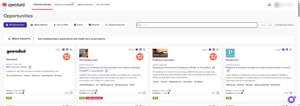Qwoted Dashboard Screenshot - HARO Alternatives